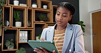 Business, black woman and writing in office with tablet, research and email buyer for real estate. Person, realtor and stylus in workplace with tech, property pricing and schedule viewing for auction