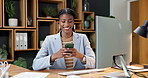 Woman, break and laugh in office with phone, typing funny text message and internet for social media. Happy, black person and browsing in workplace with tech, online meme and joke from business chat.