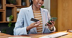 Businesswoman, hands and phone in office with credit card, eft transaction and settlement of bills. Happy, female person and typing in workplace with tech, company expense and app for online payment.
