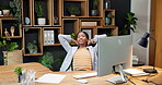 Office, computer and happy woman relax with stretching, project and article submission by copywriter. Black person, smile and rest in workplace with desktop, complete copywriting task and send email.
