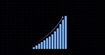 Bar graph, growth and dark background with arrow for statistics, insight and info for finance report. Chart, infographic and lines for profit increase, trajectory and financial review for analytics