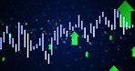 Arrow, screen and dark background with line for statistics, insight and info for finance report. Ui, infographic and animation for profit increase, investment and financial growth for data analytics