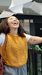 Excited, woman and throw paper in office with smile, complete marketing proposal or campaign success. Happy, person walk and documents in air with celebration, advertising goals and accomplishment.