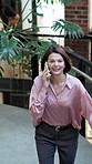 Happy, businesswoman and phone call on stairs, talking or discussion for property investment update. Realtor, walk and mature person with mobile on steps, real estate and communication with contact