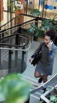 Businesswoman, arrival and phone call on stairs, talk and discussion for property investment update. Realtor, walk and communication with mobile on steps, real estate and lease negotiation in office