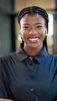 Happy, business and black woman in office with face, career pride and real estate agent for about us. Portrait, person and smile in workplace with arms crossed, realtor consultant and property resale