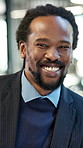 Happy, business and black man in office with face, career pride and real estate agent for about us. Portrait, male person and smile in workplace with ambition, property consultant and auction resale