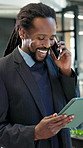 Office, phone call and businessman with tablet, laugh and discussion for property investment update. Happy, realtor and black person with mobile, communication and check real estate listing with tech