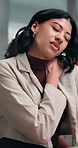 Corporate, woman and discomfort in office with neck pain, poor posture and strain from burnout. Person, coworking and inflammation in workplace with shoulder stiffness, fibromyalgia and joint fatigue