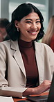 Face, business and woman in office with laptop, research and witness statement for legal trial. Portrait, female lawyer and coworking at law firm with tech, court case and evidence report for justice