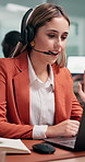Laptop, business and woman on video call, greeting and online meeting for insurance advice. Computer, virtual chat and happy person with headset in workplace for claims support, waving and coworking