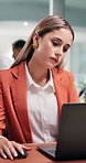 Business, woman and lawyer in office with laptop, research and witness statement for legal precedents. Attorney, reading and coworking at law firm with pc, court case and evidence report for justice