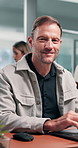 Face, business and man in office with laptop, research and witness statement for legal precedents. Portrait, mature lawyer or coworking at law firm with pc, court case and evidence report for justice