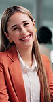 Face, laughing and businesswoman with ambition in office, wealth management or confident with career. Business, financial advisor and happy person with pride, smile and job opportunity in Canada