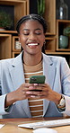 Businesswoman, laughing and message with phone in business, digital marketing and chat with contact. Happy, employee and black person with mobile, texting and funny ad campaign on social media app