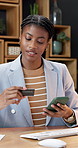 Black woman, phone and payment in office with credit card, transaction and settlement of bills. Happy, business person and typing in workplace with tech, company expense or app for online banking