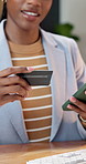 Woman, hands and phone with payment in office for credit card, transaction and settlement of bills. Happy, business person and typing in workplace with tech, company expense or app for online banking