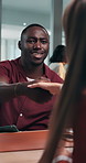 Interview, man and shaking hands in office for recruitment agreement, welcome and job opportunity. Smile, person and handshake with candidate for hiring, HR onboarding and thank you with tablet