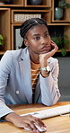 Bored, black woman and typing in office with computer, fatigue and tired of HR administration. Exhausted, person and human resources worker in workplace with tech, task report or low energy for job