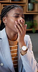 Tired, black woman and yawn in business with administration, HR report and fatigue from deadline. Person, burnout and long hours in office with payroll, review timesheet and human resources work