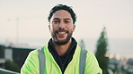 Construction, smile and man outdoor with face, contractor and ambition in building renovation. Portrait, space and happy engineer with confidence, developer and about us in remodeling industry.