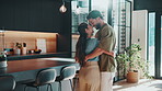 Dancing, smile and couple in kitchen at house for bonding, connection or marriage on weekend. Happy, love and man with woman for moving to music, playlist or radio for relationship together in home.