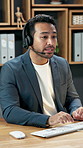Headset, talking and business man on computer for finance consulting, investment advice and contact us. Happy, office and person on tech for client service, stock trading options and loan support
