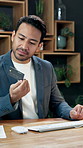 Computer, business and man in office with credit card, online banking and company purchase. Happy, typing and person with debit info for financial payment, work subscription and transaction on tech
