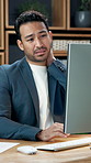 Office, computer and businessman with neck pain, hurt and accountant with discomfort or bad posture. Workplace, injury and person with muscle tension, stretching and auditor with tech and burnout