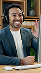 Headphones, video call and wave with business man for account advisor, online meeting and discussion. Hello, investor greeting and virtual consultant with person in agency for webinar and contact