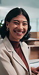 Headset, face and business woman with laugh for financial consulting, help and loan support. Happy, portrait and person in office for virtual assistance, contact us and crm service as finance advisor