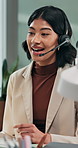 Headset, talking and business woman in office for financial consulting, help and loan support. Happy, call center and person with mic for virtual assistance, contact us and service as finance advisor