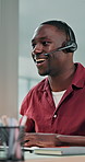 Headset, talking and man in office typing for online consulting, tech support and contact us. Happy, call center and African person with mic for crm service, virtual assistance and faq for website ui