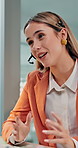 Headset, talking and woman in office for online consulting, advice and help for real estate agency. Happy, call center and person with mic for contact us, virtual assistance and support for faq