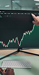 Trading, computer screen and pointing with business people in office for stock market growth, team and price profit. Momentum indicator, candlestick update and trader chart with employees in agency