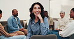 Counseling, face or happy woman with group session, wellness career or profession in mental health. Confidence, mature person or therapist with patients, psychologist or about us in peer intervention