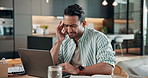 Man, headache and remote work in house with laptop, online research and pressure for difficult job. Tired, person and freelancer in home with computer, migraine and burnout from business challenge.
