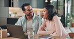 Laptop, planning and discussion with couple in home for payment option, banking research and help. Joint account, savings review and conversation with man and woman with tech in house for policy