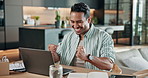 Man, laptop and remote work in home with fist pump, excited and bonus reward for insurance sales job. Happy, person and contract worker in house with computer, celebration and policy broker success.