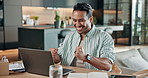 Man, laptop and remote work in house with fist pump, excited or bonus reward for insurance sales job. Happy, person and contract worker in home with computer, celebration and policy broker success.