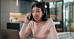 Angry, phone call and laptop with woman in home for contact, banking error or transaction query. Fraud line, communication and frustrated with person and tech in house for payment problem and mistake
