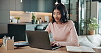 Typing, laptop and reading with woman in home for banking update, account review and contact. Tax research  online budget and audit balance with person and tech for planning and finance management