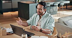 Video call, laptop and smile with man in home for online meeting, streaming and pr advisor. Virtual consultant, planning and contact with person and tech in house for feedback, project and webinar