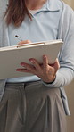 Clipboard, writing and hands of physiotherapist in clinic with medical documents for appointment. Woman, paperwork and healthcare worker with patient progress report for physical therapy in office.