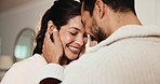 Happy, couple and forehead touch in apartment with love, commitment or bonding together for wellness. People, dating and romantic connection in home with smile, affection and soulmate relationship.