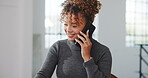 Business, happy or woman in office with phone call, good news or networking in online chat. Smile, contact or employee with tech, director approval or positive feedback in digital communication.