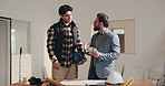 Men, handshake and talking with interior designer in house, deal or planning for remodeling project. Design, agreement and happy people with color palette, shaking hands and ideas for home renovation
