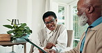 Tablet, smile and search with old couple on sofa for communication, streaming and happy. Social media, relax and retirement with black man and woman in living room of home for technology and love