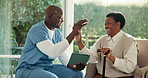Nurse, tablet and high five for woman with cane, health improvement or great medical test results. Happy, caregiver and mature black person in home with tech, walking stick or celebration for healing