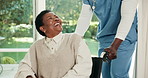 Happy, nurse and black woman in wheelchair at house for rehabilitation, checkup or medical support. Service, conversation and mature person with caregiver for healthcare consultation in home.